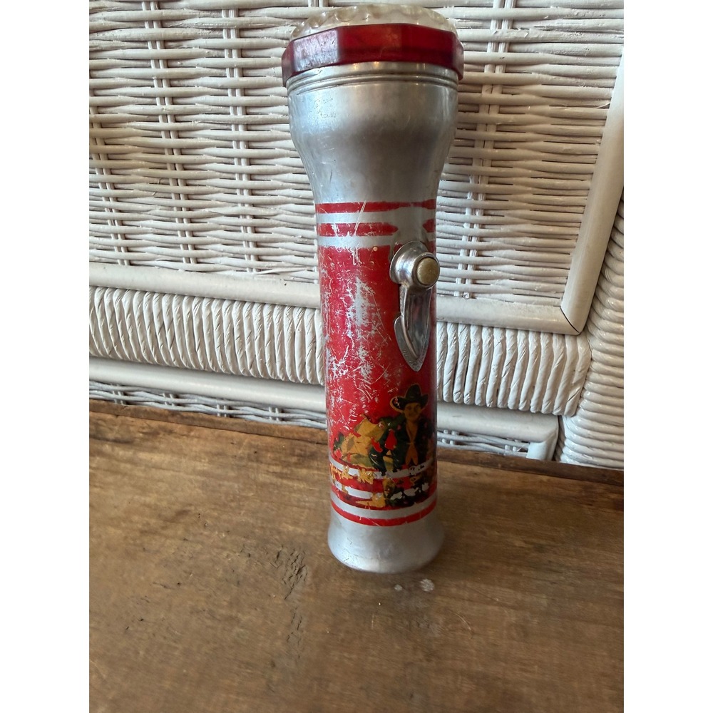 Vintage Topper Toys Cowboy Flashlight Red Silver Metal Chicago Made in USA